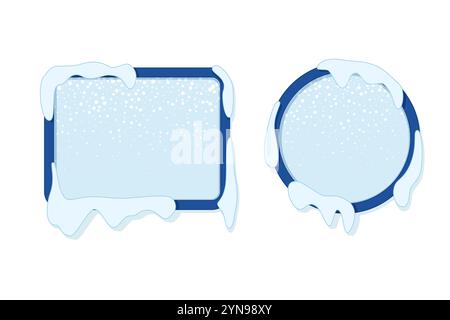Round and rectangular winter frames with falling snow in flat style. Vector illustration. Stock Vector