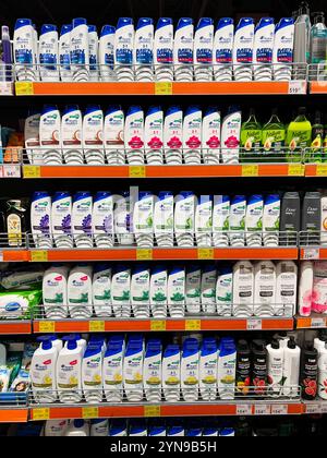 Kyiv, Ukraine - November 24, 2024: A wide variety of shampoo bottles are displayed on a supermarket shelf, showcasing different brands and product typ Stock Photo