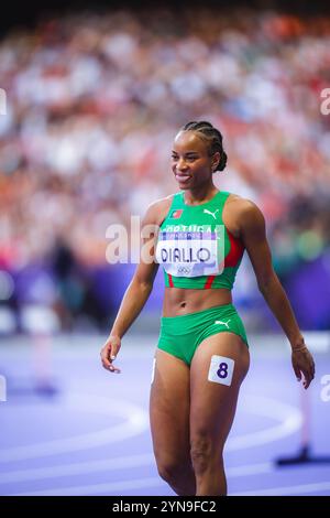 Fatoumata Binta Diallo participating in the 400 meters hurdles at the Paris 2024 Olympic Games. Stock Photo