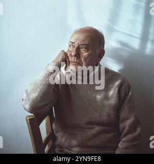 An elderly man sits on a wooden chair, resting his chin on his hand. He gazes thoughtfully out of a window, captured in soft natural light that highli Stock Photo