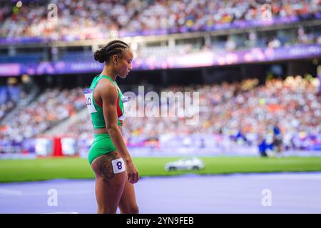 Fatoumata Binta Diallo participating in the 400 meters hurdles at the Paris 2024 Olympic Games. Stock Photo