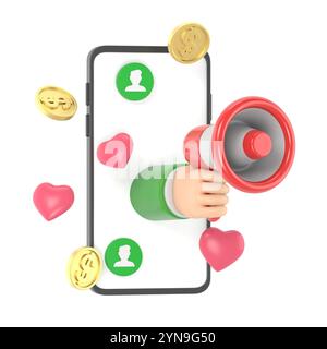 Cartoon Gesture Icon Mockup.3d refer a friend concept. Cartoon hand holding megaphone illustration .3d partnership marketing in social media.3D render Stock Photo