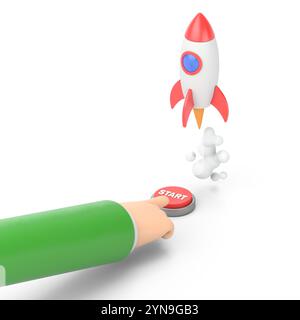 Cartoon Gesture Icon Mockup.Flat 3d isometric businessman hand presses start button to launches a space rocket. Business start up concept.3D rendering Stock Photo