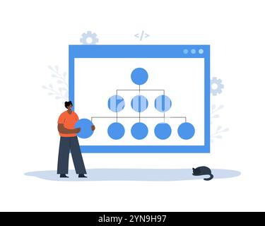Sitemap Creation concept. Website navigation for the user. African Female Developer creation Strategy. Workflow Process. Flowchart UI UX. Vector Stock Vector