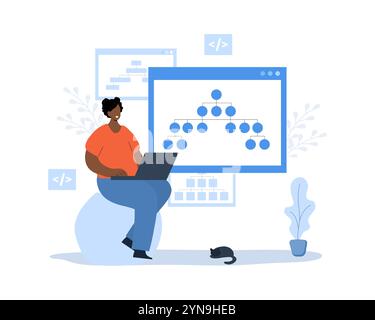 Sitemap creation. Website creation tool. African Female developer with laptop. Online software and web page structure. UX designer workflow. Vector Stock Vector
