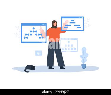 Sitemap Creation concept. Website navigation for the user. Arab Female Developer creation Strategy. Workflow Process. Flowchart UI UX. Vector Stock Vector