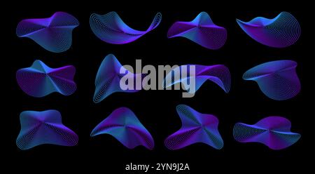 Holographic line wave shapes, 3d sound fluid. Vector set of abstract, neon colored, curve forms creating a mesmerizing futuristic effect. Dynamic visual elements, embodies modernity and innovation Stock Vector