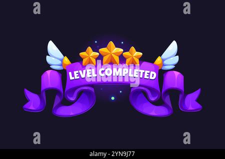 Game asset featuring a level completed badge icon with a purple ribbon, three golden stars, and wings. Cartoon vector banner for enhancing gaming interfaces and victory screens, conveying achievement Stock Vector