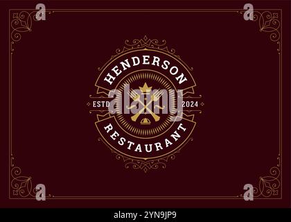 Vintage luxury floral swirl golden crossed fork with crown restaurant logo design template vector illustration. Classical elegant old style filigree s Stock Vector
