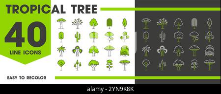 Tropical jungle forest trees line icons of jungle palms and baobab, vector symbols. Rainforest and Amazon or African trees icons of coconut palm, bonsai and willow with deciduous tree and leaf plants Stock Vector
