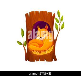 Cartoon squirrel character peacefully sleeping inside a hollow tree trunk, showcasing a tranquil forest scene. Isolated vector cute and funny forest animal personage captures a playful woodland vibe Stock Vector