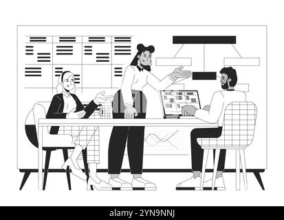 Productive collaboration in meeting room linear illustration Stock Vector