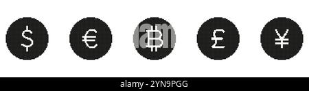 Retro Style Pixelated Currency Glyph Symbols Collection. Pixel Art Dollar, Euro, and Bitcoin Icons Silhouette Set. Isolated Vector Illustration Stock Vector