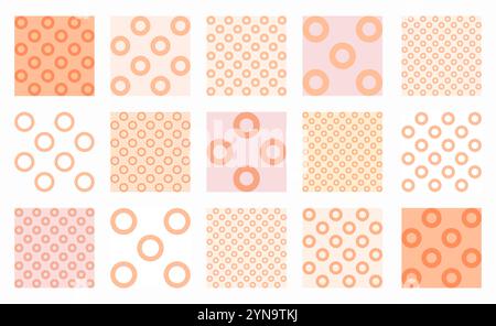 Soft, seamless vector patterns in Peach Fuzz, featuring rings and circles in various grid styles. Perfect for gentle backgrounds, textiles, wallpapers Stock Vector