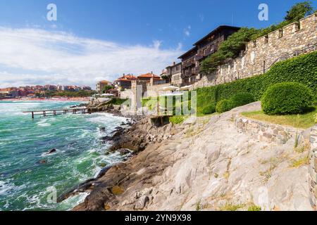 sozopol, bulgaria - aug 09, 2015: southern fortress wall and tower. urban landscape. sunny morning. popular tourist attraction. late antique and medie Stock Photo