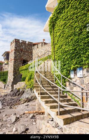 sozopol, bulgaria - aug 09, 2015: southern fortress wall and tower. ancient defense construction. sunny morning. popular tourist attraction. late anti Stock Photo