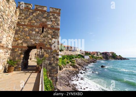 sozopol, bulgaria - aug 09, 2015: southern fortress wall and tower. balkan fort. sunny morning. popular tourist attraction. late antique and medieval Stock Photo