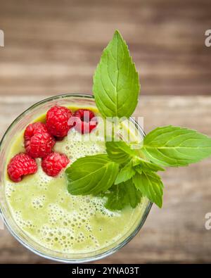 Raw smoothie garnished with rasberries and mint, Minneapolis, Minnesota. Stock Photo