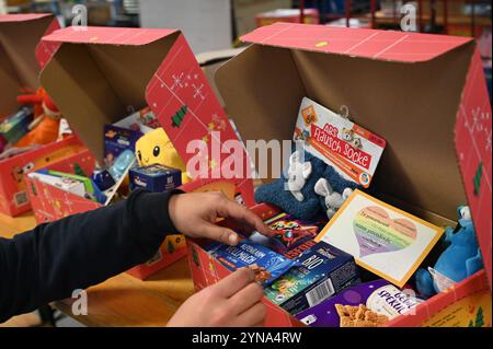 Hamburg, Germany. 25th Nov, 2024. A helper at the Center for Social Logistics places food and sweets in a package that also contains toys and a greeting card. For Christmas, the city pact '#HamburgKyiv' would like to send 4,000 'Love in a Box' Christmas parcels for children with toys, clothes, hygiene articles and other everyday items to Kiev with the support of the city, companies and charitable associations. Credit: Niklas Graeber/dpa/Alamy Live News Stock Photo