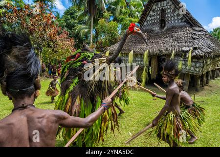 Papua New Guinea, East Sepik province, Sepik River region, Kanganamun village, spirit house (Haustambaran), traditional festival called sing-sing led by the representation of a cassowary Stock Photo