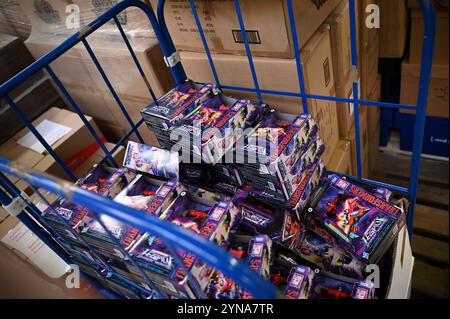 Hamburg, Germany. 25th Nov, 2024. 'Transformers' toys are stacked on top of each other in a parcel trolley at the Center for Social Logistics. The city pact '#HamburgKyiv' wants to send 4,000 'Love in a box' Christmas parcels for children with toys, clothes, hygiene articles and other everyday items to Kiev for Christmas with the support of the city, companies and charitable associations. Credit: Niklas Graeber/dpa/Alamy Live News Stock Photo