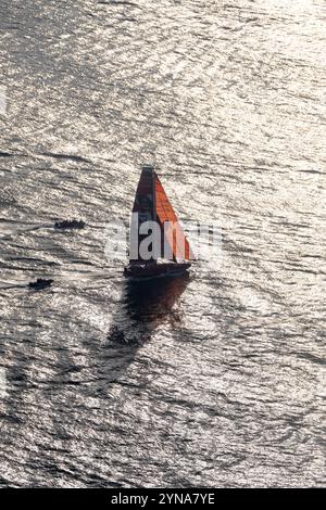 France, Vendee, Les Sables d'Olonne, start of the Vendee Globe, offshore with the IMOCA boats and the skipper Samantha Davies / Initiatives-Coeur (aerial view) Stock Photo