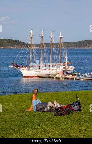 United States, Maine, Bar Harbor, Agamont Park, view of the boats in the harbor, the Margaret Todd pleasure boat for excursions Stock Photo