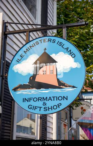 Canada, New Brunswick province, Saint Andrews, Water street, sign, information kiosk on Ministers Island, nearby island Stock Photo