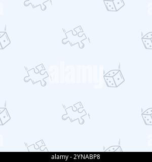 A simple black and white pattern with puzzle elements and dice. Hand drawn vector background with repeating elements Stock Vector