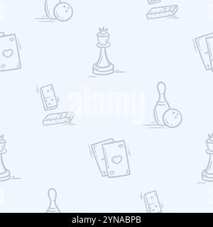Simple black and white pattern with chess pieces, cards, bowling and dominoes. Hand drawn vector background Stock Vector