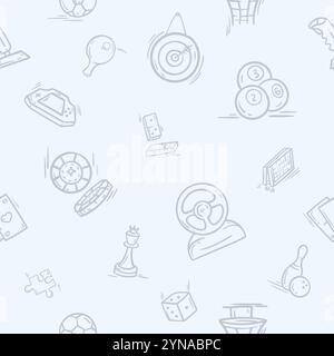 A simple black and white pattern with puzzle elements and dice, board and computer games. Hand drawn vector background Stock Vector