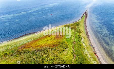 Denmark, Fionie, Falsled, kayaking around Vigø Island, in the Unesco Global Geopark of the South Fionie archipelago (aerial view) Stock Photo