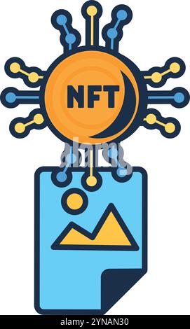 Multi colored NFT photo file. Assigning unique code to image file. Creating secure digital rights to picture ownership. Futuristic cartoon outline vec Stock Vector