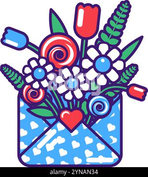 Vector graphic illustration of charming bouquet blooming out from an envelope in a vibrant stroked cartoon style. Delightful mix of flowers and green Stock Vector