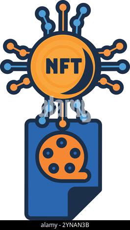 Multi colored NFT movie file. Assigning unique code to cinema file. Secure digital rights to ownership. Futuristic cartoon outline vector isolated on Stock Vector