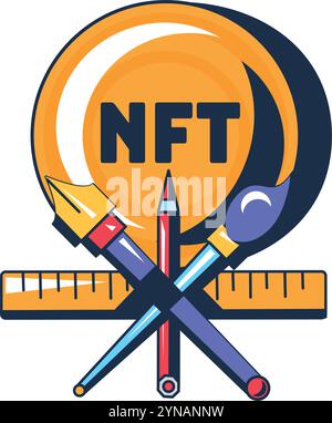 Multi colored assigning nft token to work of art. Confirmation of uniqueness of content on network. Sale of digital goods. Futuristic cartoon outline Stock Vector