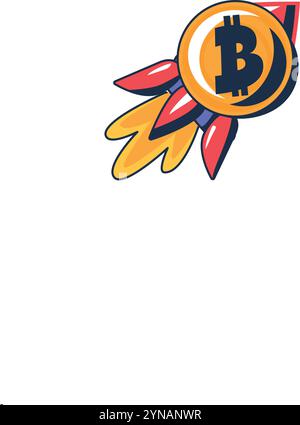 Multi colored Bitcoin cryptocurrency coin taking off like rocket. Increase in the exchange value of crypto asset. Value of currency. Futuristic cartoo Stock Vector