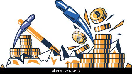 Multi colored mining digital crypto assets. Production of cryptocurrency using blockchain technology. Farm pool for crypto mining. Futuristic cartoon Stock Vector