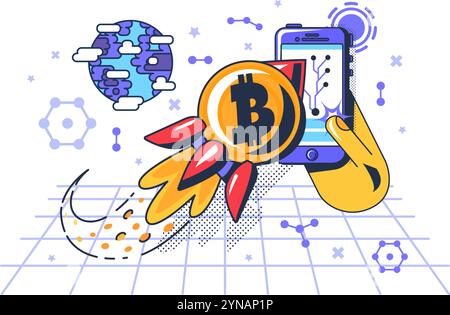 Launch of a crypto exchange project in blockchain network. High tech business strategy conducting electronic transactions online. Conceptual color vec Stock Vector