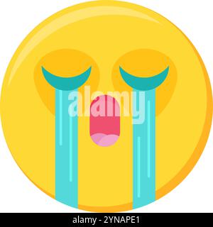 Sad, sobbing emoji facial expression. Tearful, crying, depressed emoticon icon. Colorful vector smiley. Cute sticker, social media gloomy mood charact Stock Vector
