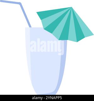 Vector milkshake or cocktail glass with a tube and a cocktail umbrella for milkshakes, juice, cocktails in a bright flat style. Tableware for picnics, Stock Vector