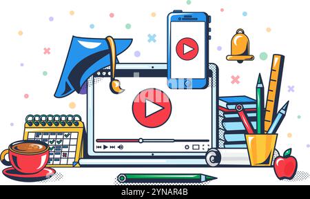 Student workplace for distance learning in an online school. Mobile devices, books and stationery for webinar. Conceptual contrast vector illustration Stock Vector