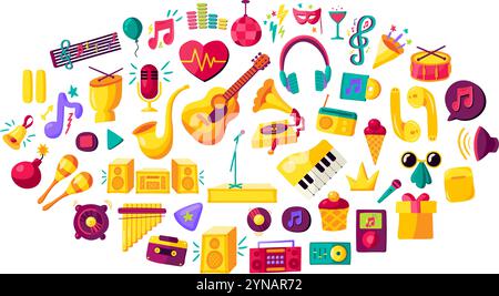Set of classical and modern musical instruments assembled into large composition. Guitar, drum, saxophone, music scene, piano, melodies, notes and dis Stock Vector