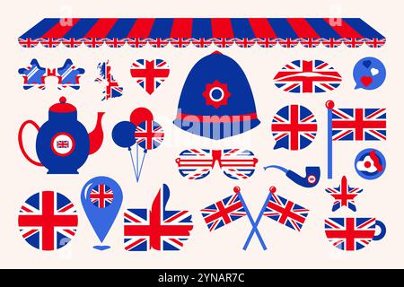 Set of festive elements, attributes of British flag Independence Day. Balloons, ceramic teapot, tea, Britain flag, police helmet, grid sunglasses. Car Stock Vector