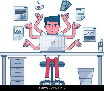 Busy office worker performs several tasks at same time. Workplace of office employee at table. Simple cartoon vector concept illustration isolated on Stock Vector