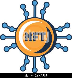 Multi colored shiny digital NFT token. Digital signature confirmation of rights to asset. Unique secure crypto seal. Futuristic cartoon outline vector Stock Vector