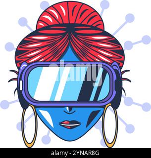 Girl cyber user in VR gadget. Using virtual reality glasses for gaming and entertainment. High tech gadget. Colored cartoon vector in comic futuristic Stock Vector