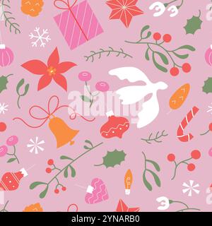 Christmas winter background of different hanging bell, ball, toy. Cute kawaii seamless pattern with peace bird, floral ornaments, flowers, holly. Stock Vector