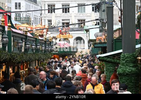 Hamburg, Germany. 25th Nov, 2024. Visitors walk close together past the stalls at the Christmas market. The Christmas market at Hamburg's Rathausmarkt was officially opened on Monday. Credit: Niklas Graeber/dpa/Alamy Live News Stock Photo