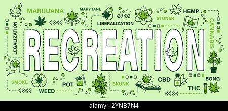 Recreational Cannabis . Word with line icon art banner style . Editable stroke . Vector . Stock Vector